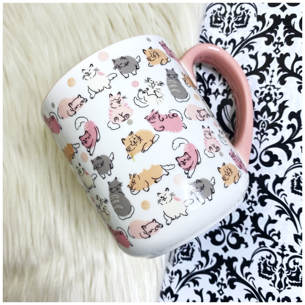 10 strawberry street : pink white and orange cat kitty print coffee tea mug cup